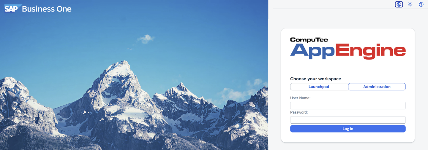 A help screen showing the CompuTec AppEngine Administration Panel login screen