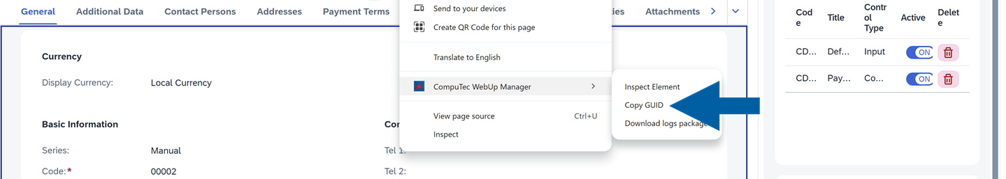 screen showing how to copy guid