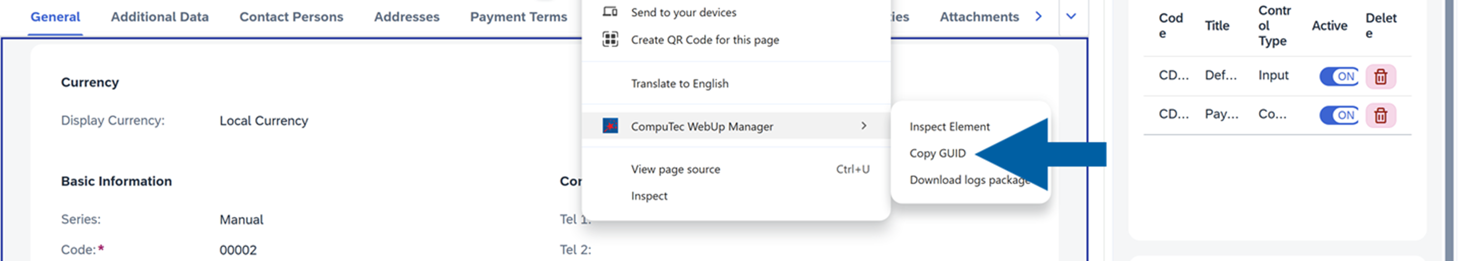 screen showing how to copy guid