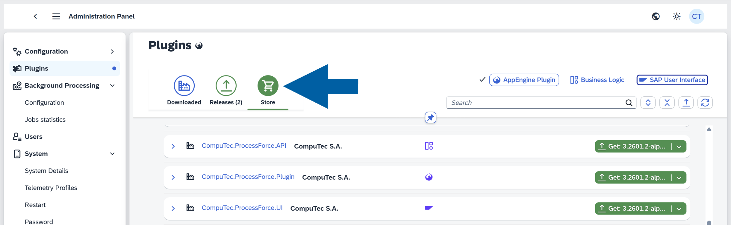 screen showing where to find store tab in the plugins section