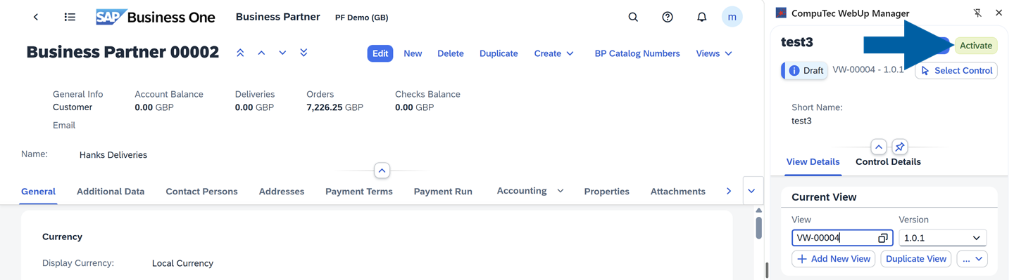 screen showing how to activate a view version