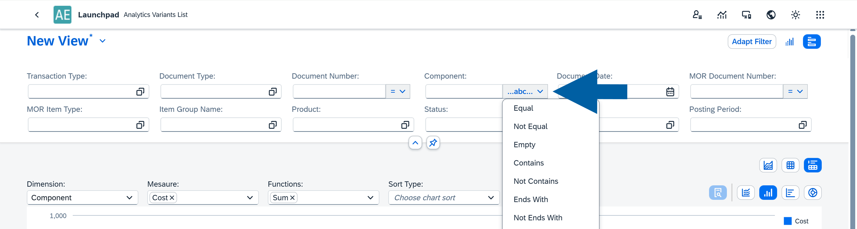 screen showng the Text filter