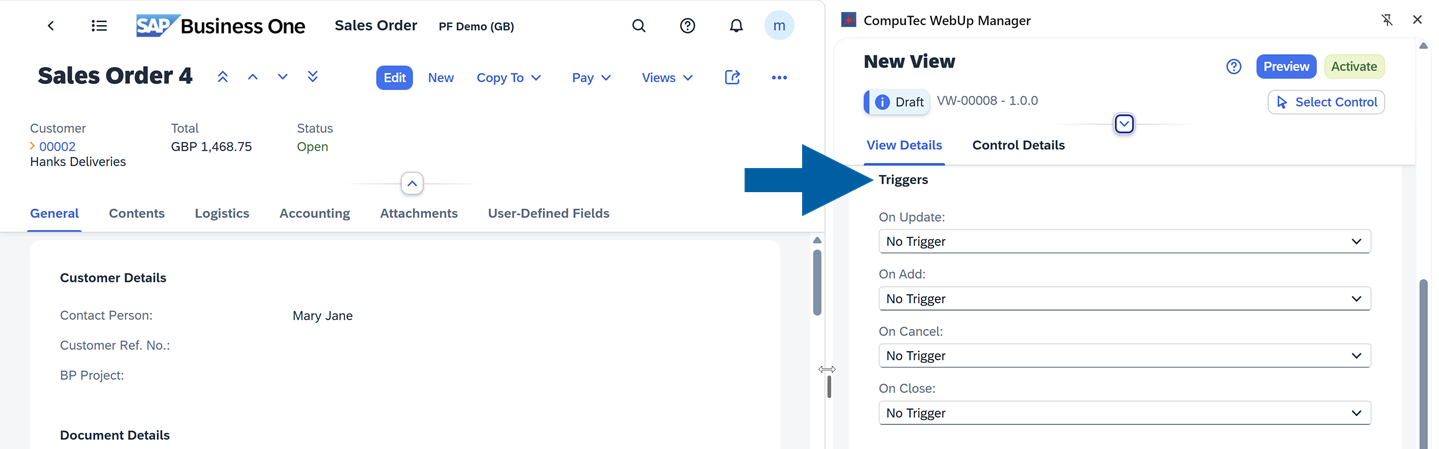 screen showing triggers section of view actions