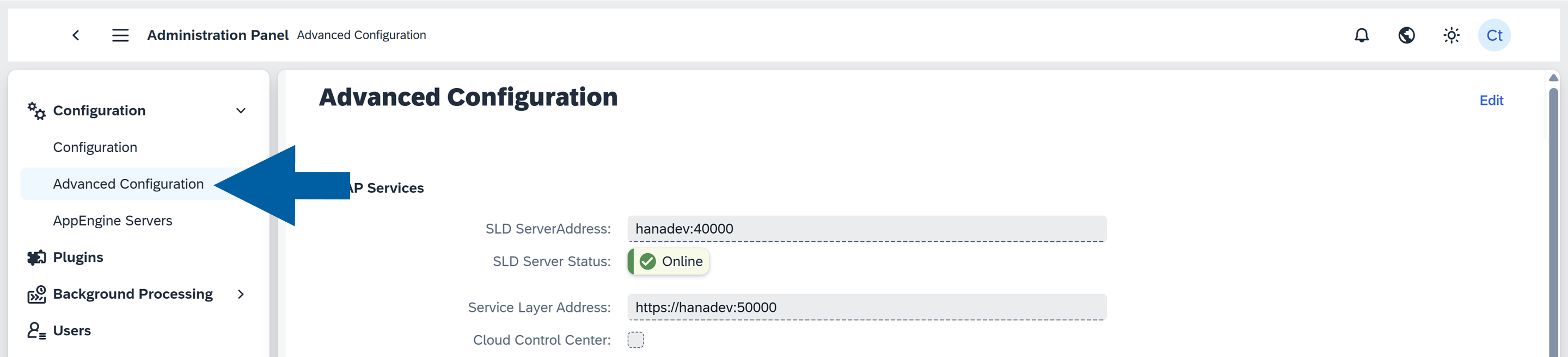 screen showing how to find the advanced configuration