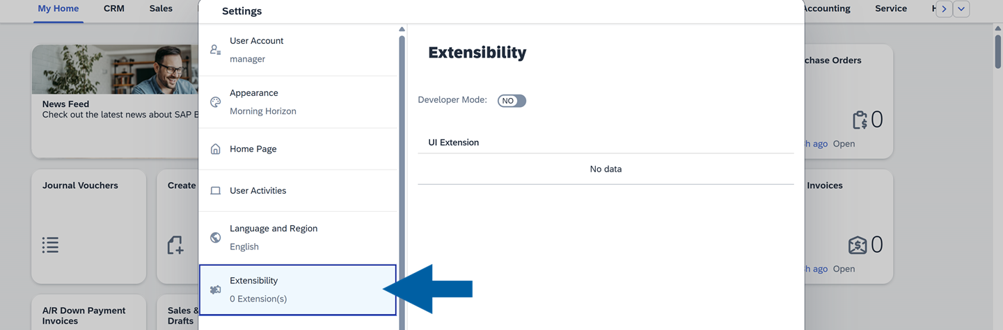 A help screen showing where to find Extensibility tab in SAP Business One Web Client