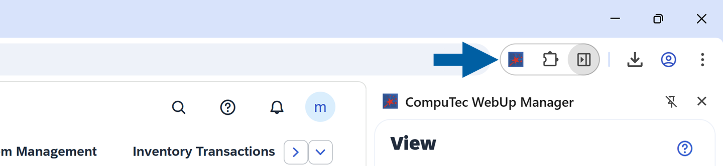 A help screen showing where to find the CompuTec WebUp extension in your browser toolbar