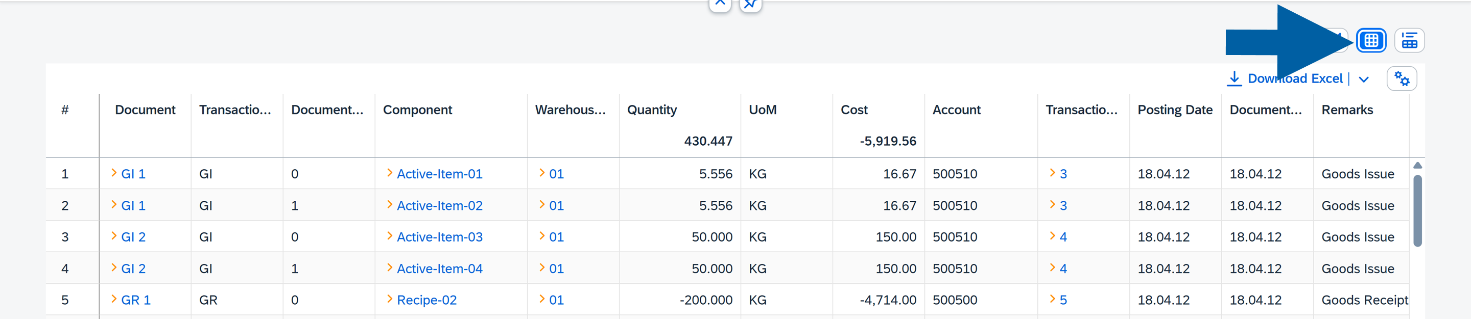 screen showng the the table report