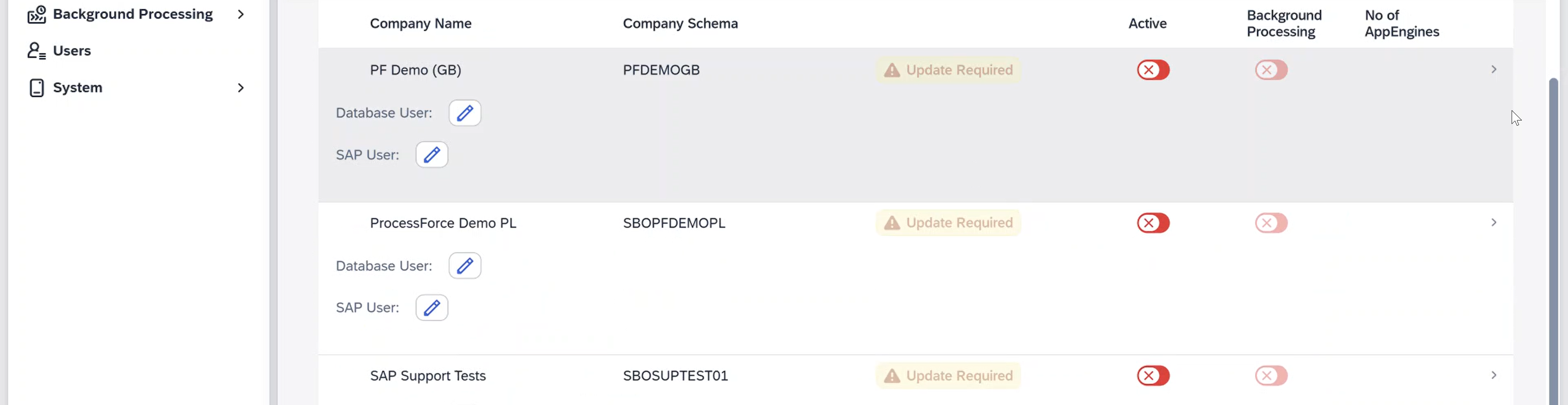 a screen showing the list of companies