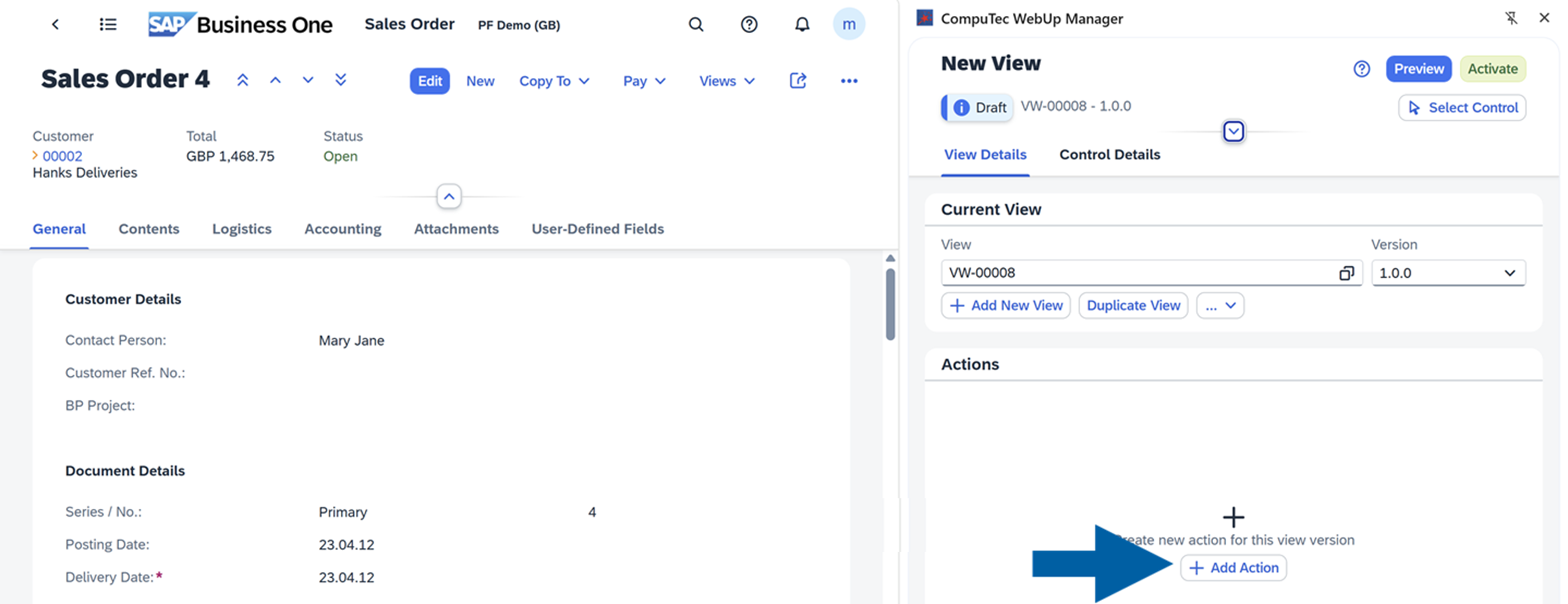 screen showing how to add an action
