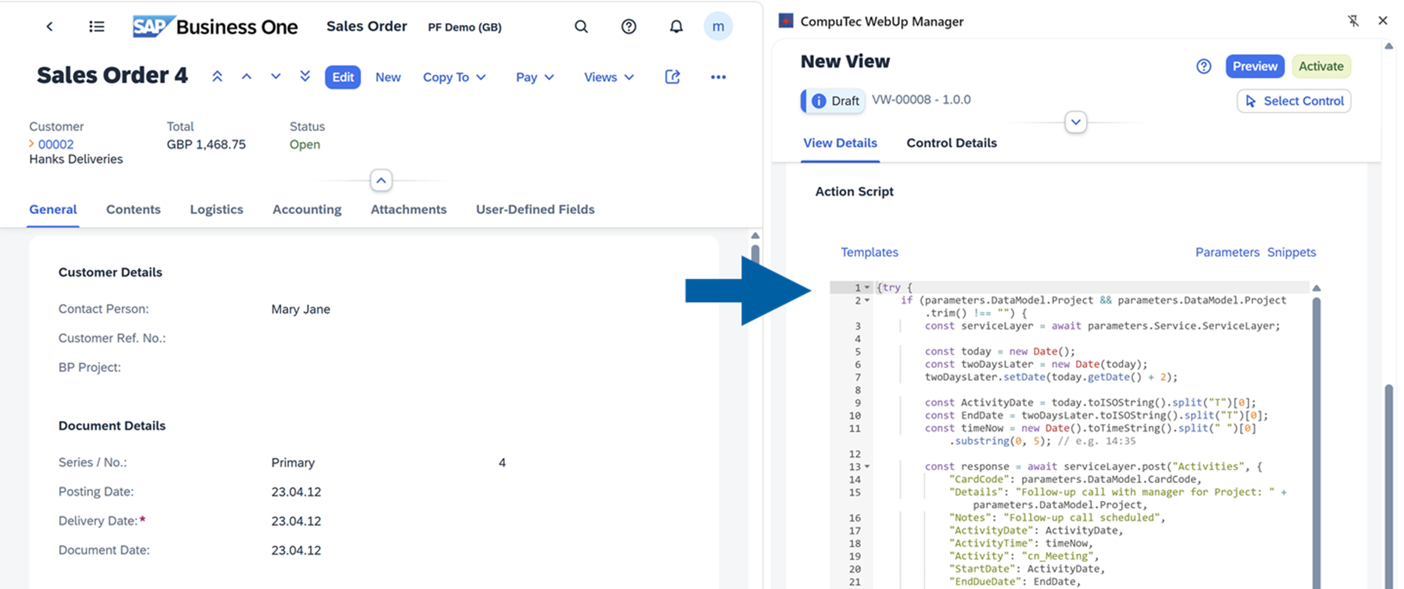 screen showing how to add an action script