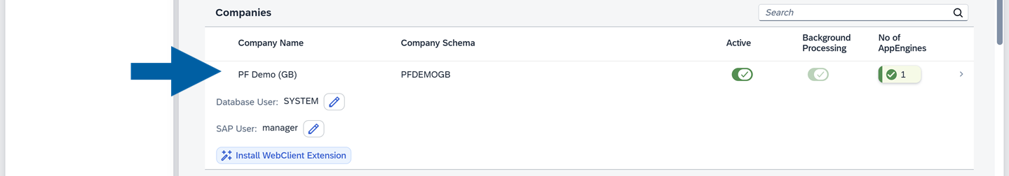 A help screen showing where to find the company details in CompuTec AppEngine Administration Panel