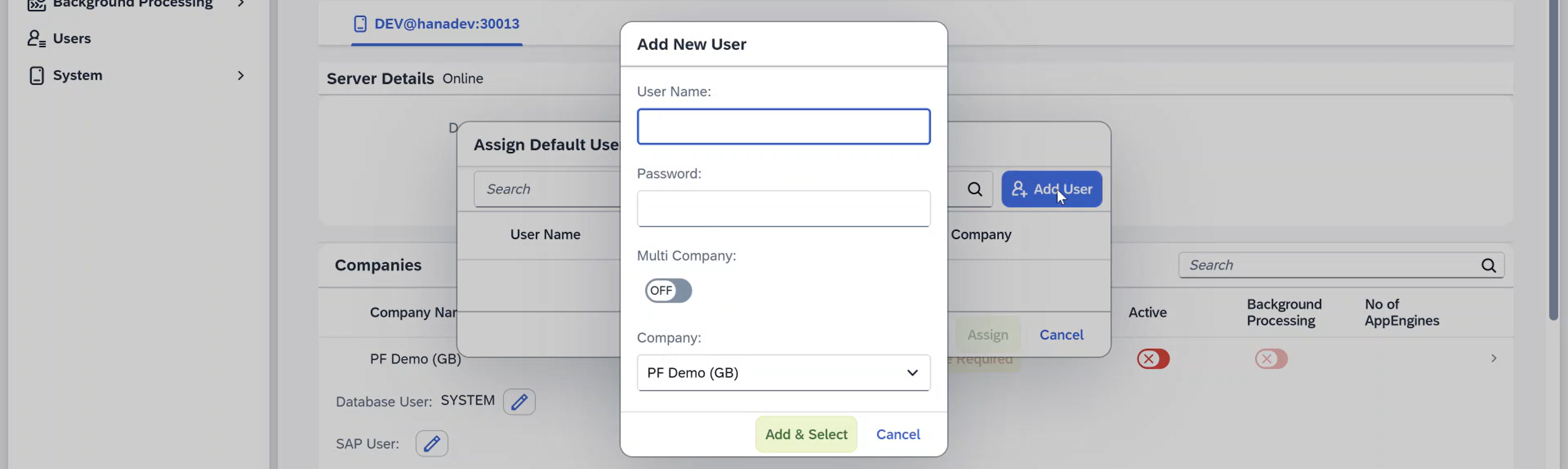 a screen showing adding database user credentials