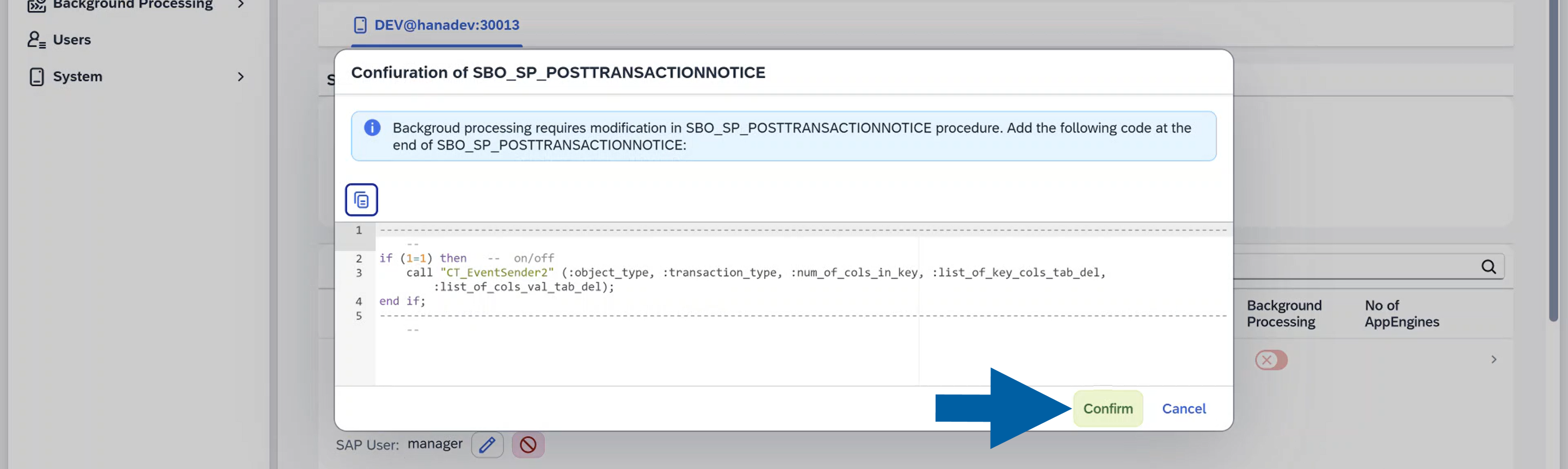 a screen showing how to confirm adding code snippet
