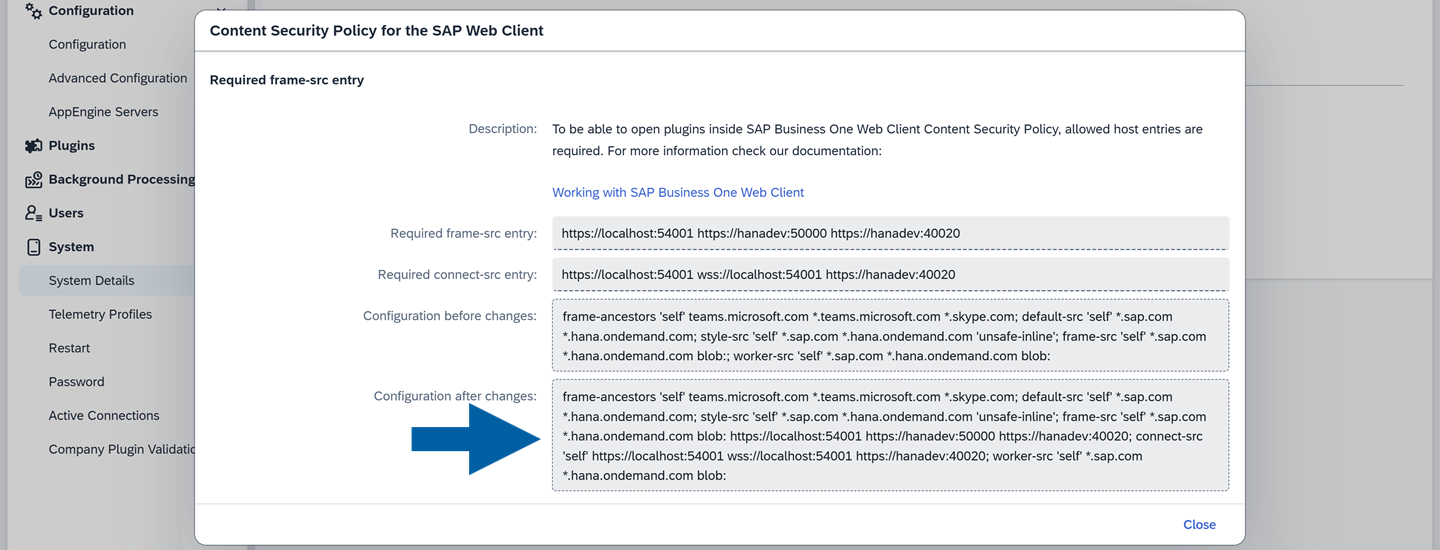 A help screen showing where to find the required CSP entries in CSP configuration process