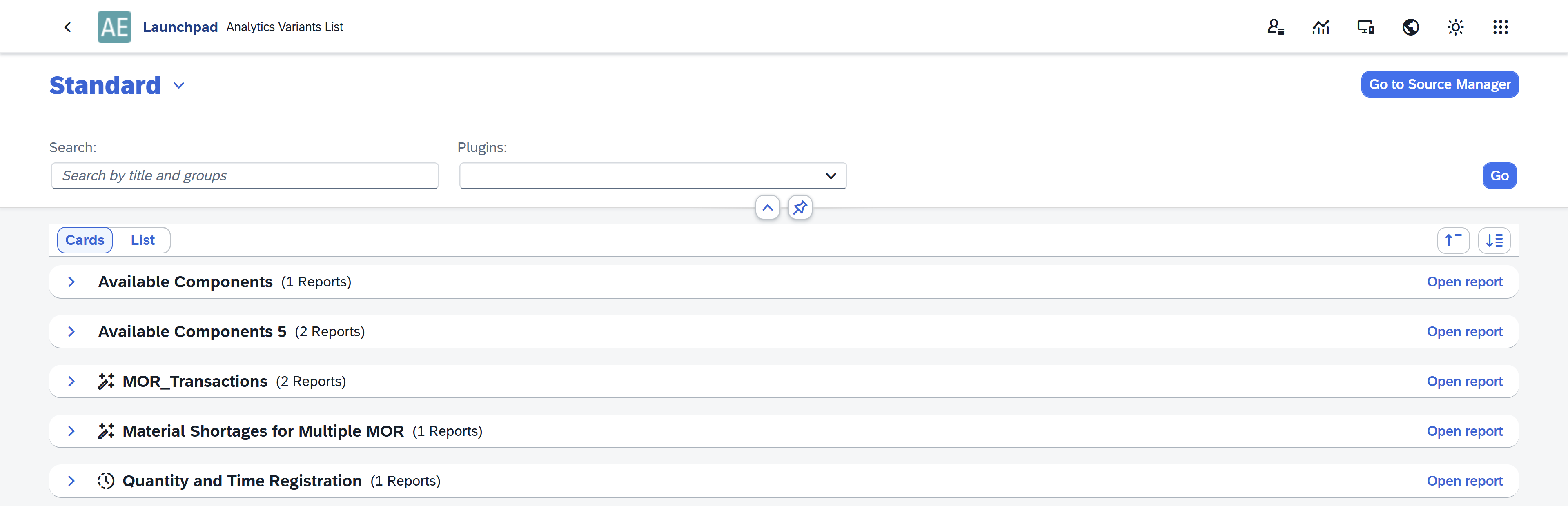 screen showng Analytics Variants List view