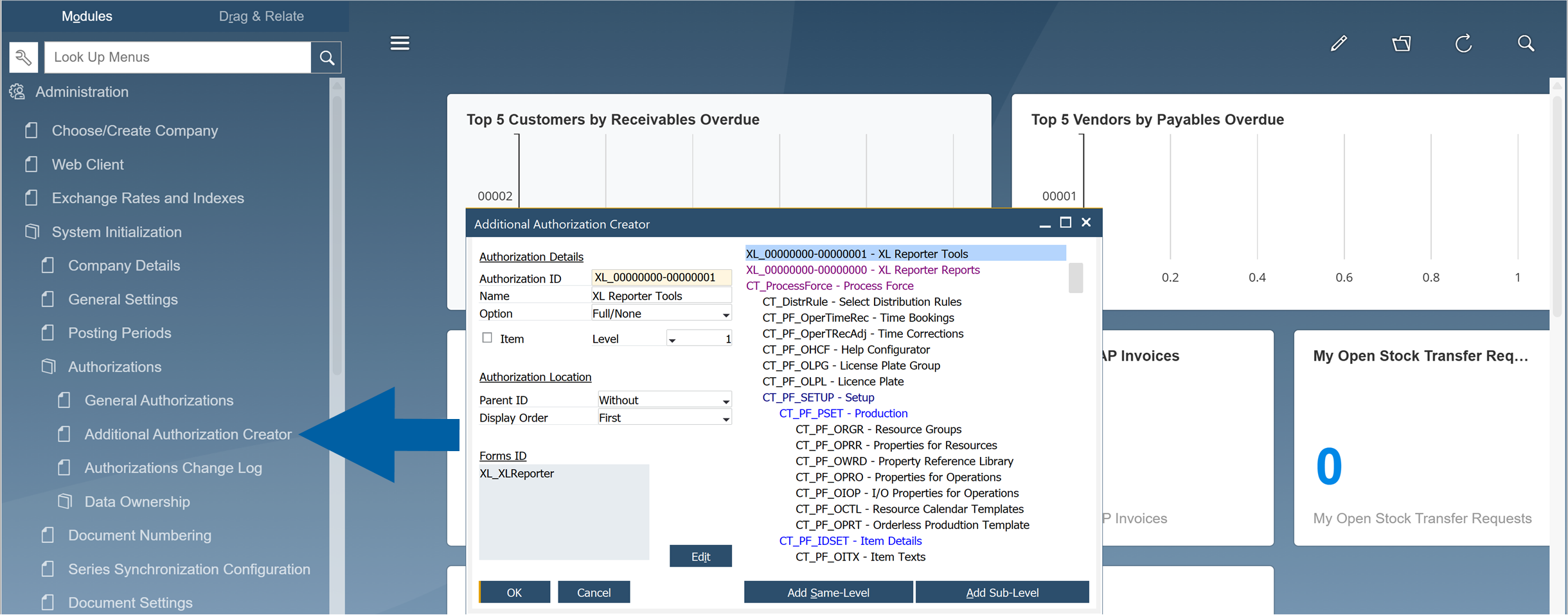 screen showing where to find *Additional Authorization Creator in sap b1