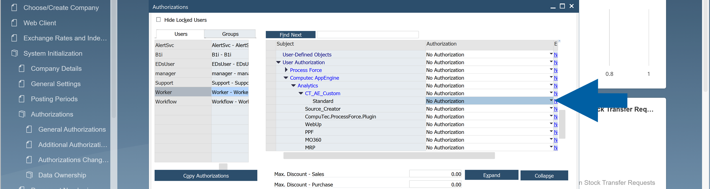 screen showing changing the authorization in sap b1