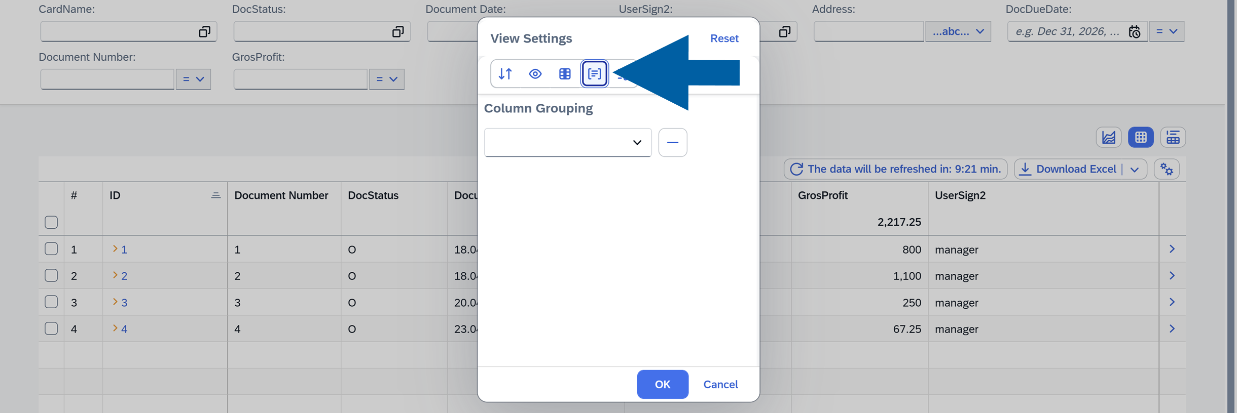 screen showng the Table column grouping Options