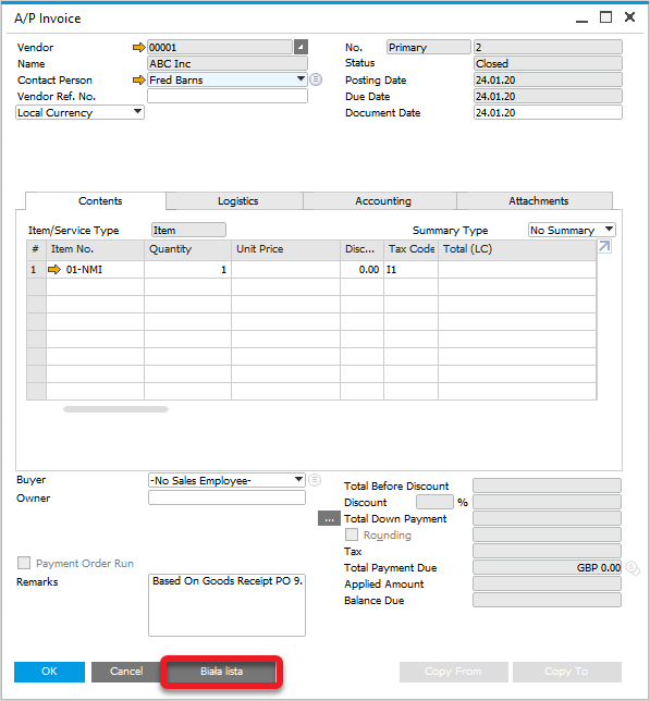 AP Invoice White List