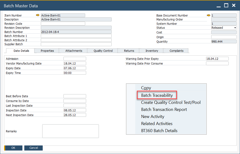 Batch Master Data -> Batch Traceability