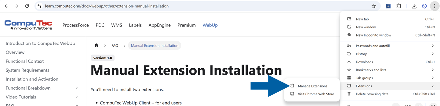 A help screen showing where to find extensions when installing the CompuTec webup extension in Chrome browser
