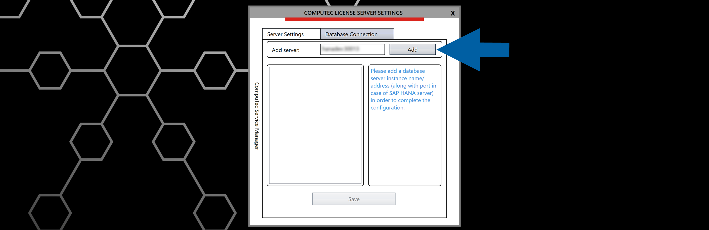 Database Connection tab with input field for server details and Add button ready to accept database server information