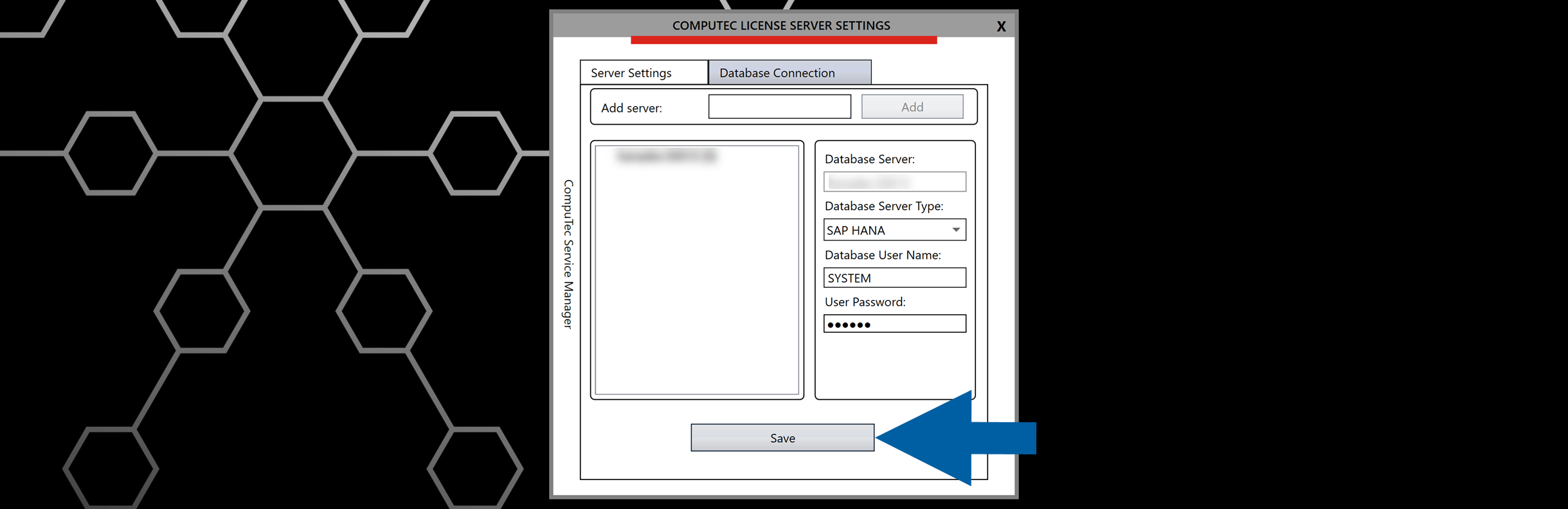 Database Connection configuration form with fields for Database User Name and User Password entry and Save button to apply changes