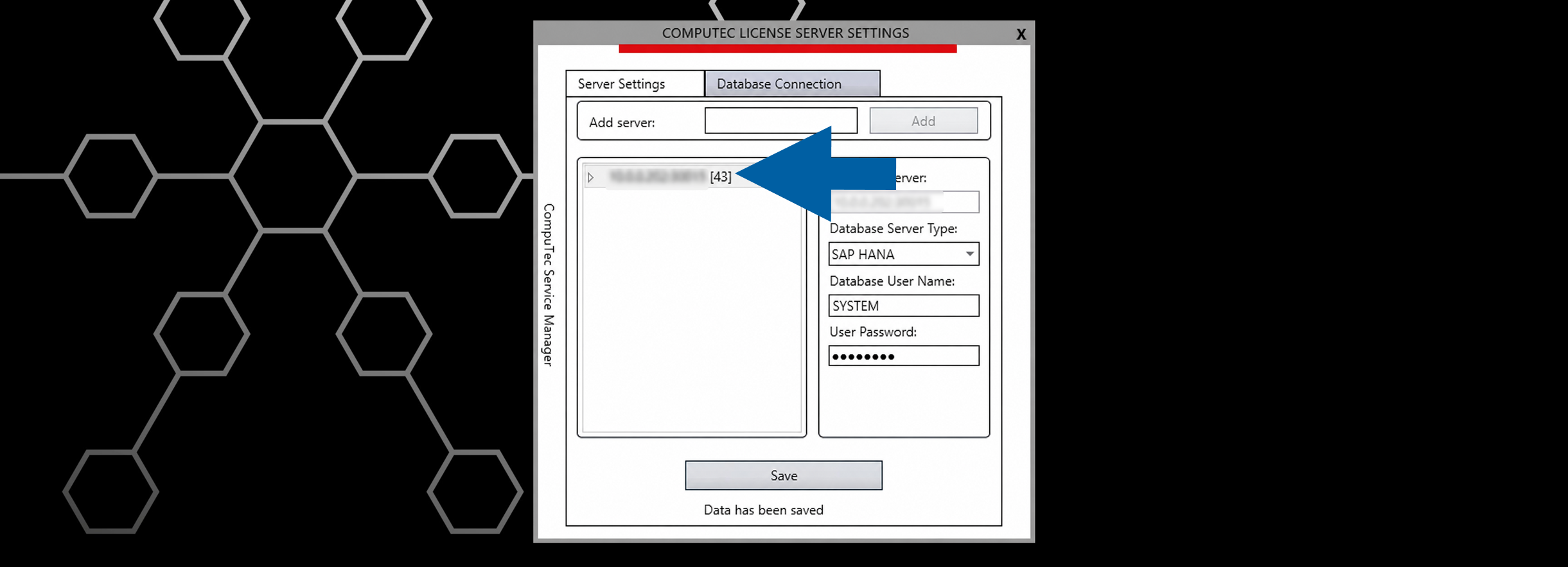 Database Connection list showing successful connection with numeric indicator displaying the count of available company databases next to the server entry