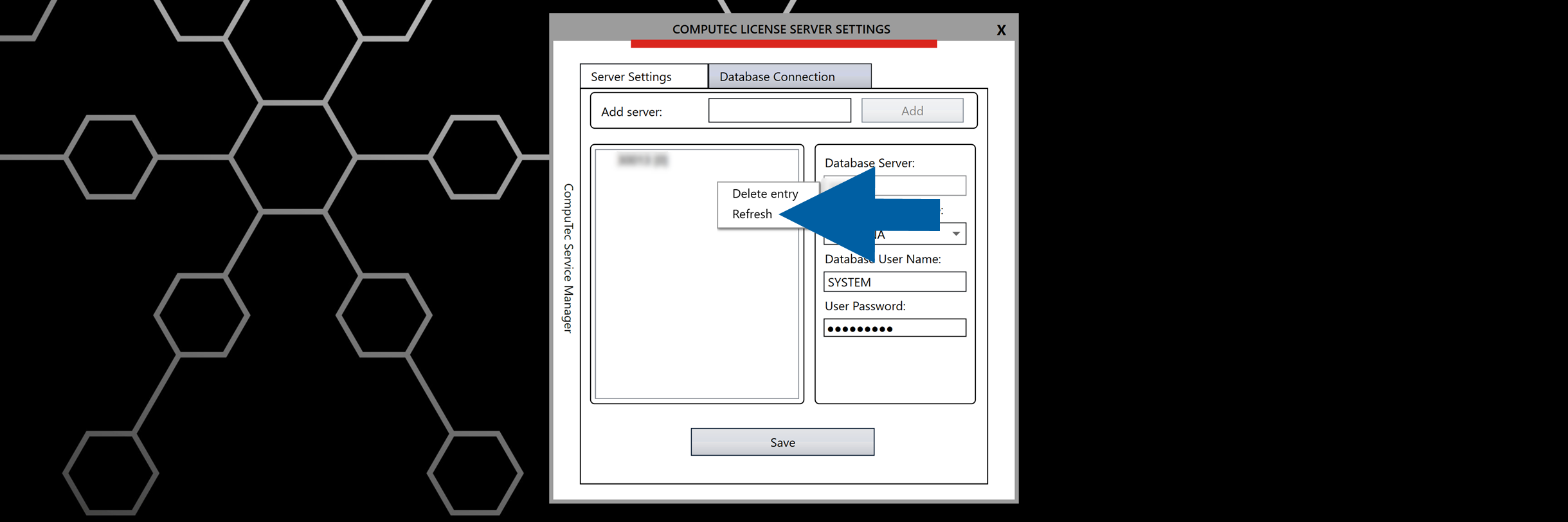 Database Connection interface showing Refresh button and controls for updating company database list in CompuTec License Server