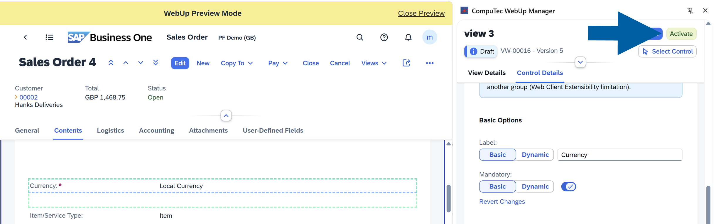 The CompuTec WebUp Manager side panel is open. The current view is displayed at the top with status Draft. The Activate button appears in the upper-right corner of the panel, next to the Preview button. The user has to click the Activate button.