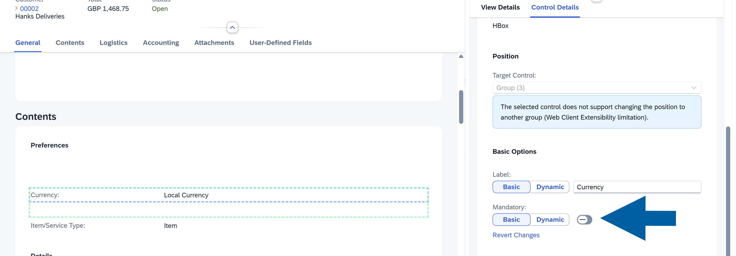 the Currency field is selected. on the right, we can see a computec webup manager side panel where we can find Mandatory section. the user has to turn on the toggle next to the mandatory label to make the selected coontrol mandatory.