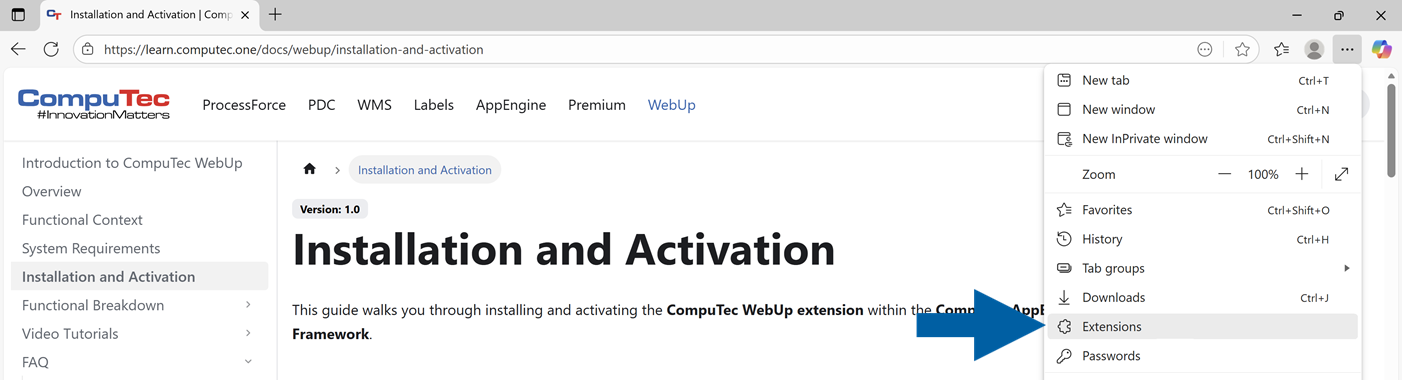 A help screen showing where to find extensions when installing the CompuTec webup extension in Microsoft Edge browser