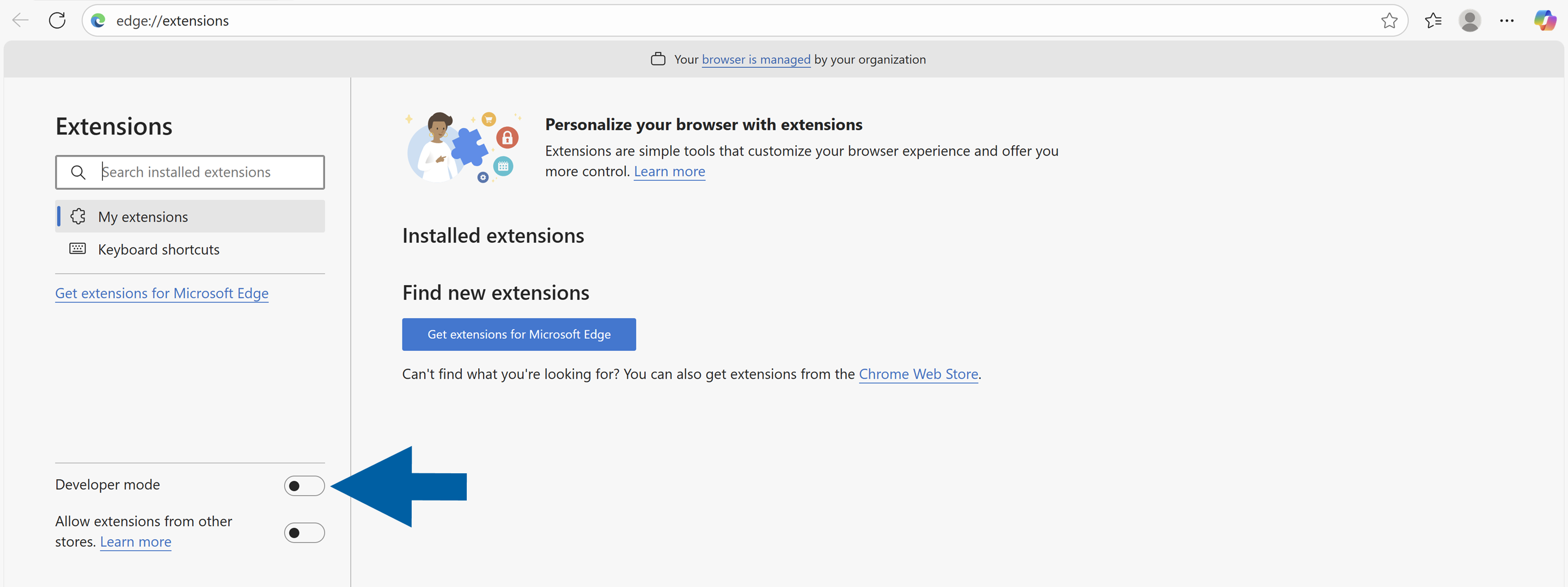 A help screen showing where to find dev mode when installing the CompuTec webup extension in Microsoft Edge browser