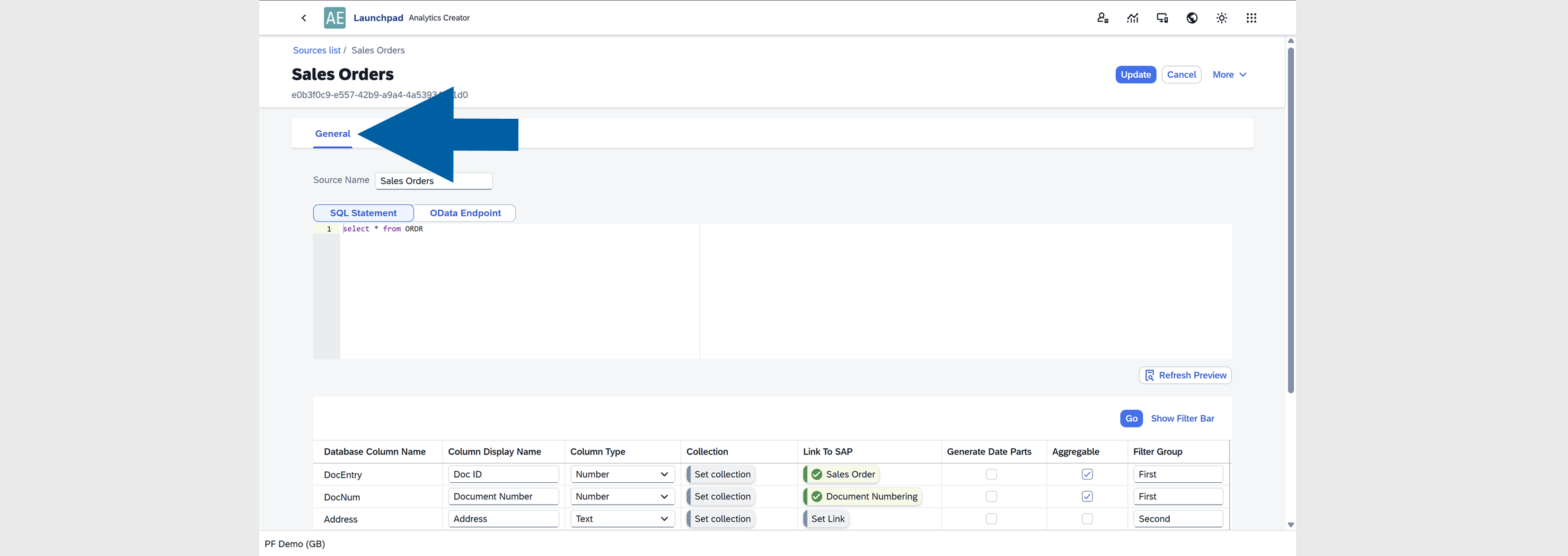 screen showing general tab