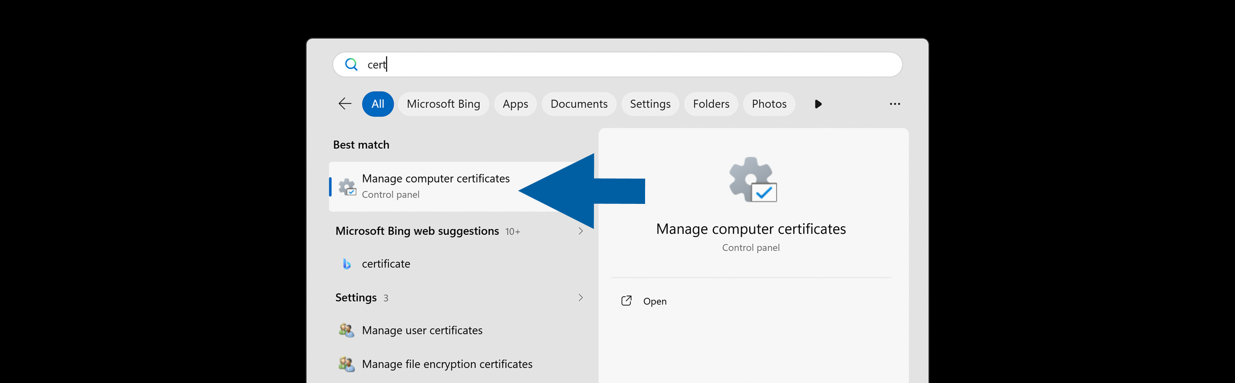 Windows search results show Manage computer certificates as the best match under Control panel, with a blue arrow pointing to the result. The search field contains cert, and other results include Microsoft Bing web suggestions, Manage user certificates, and Manage file encryption certificates.