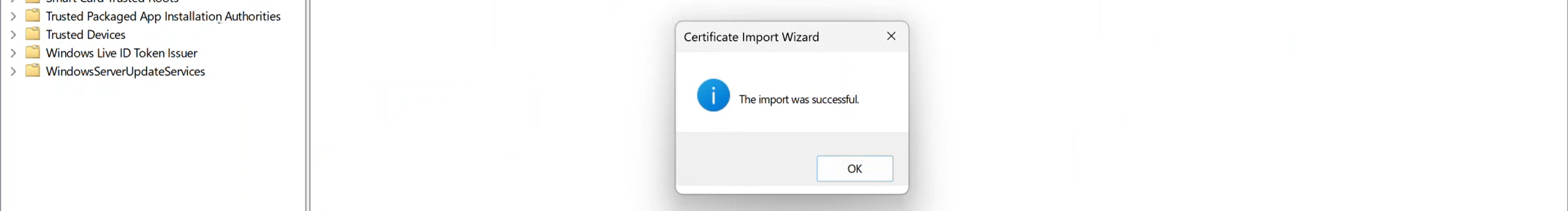 Certificate Import Wizard displays the message The import was successful with an OK button. The Windows certificate management console is visible in the background with certificate store entries in the left navigation pane, creating a clear and reassuring confirmation scene.