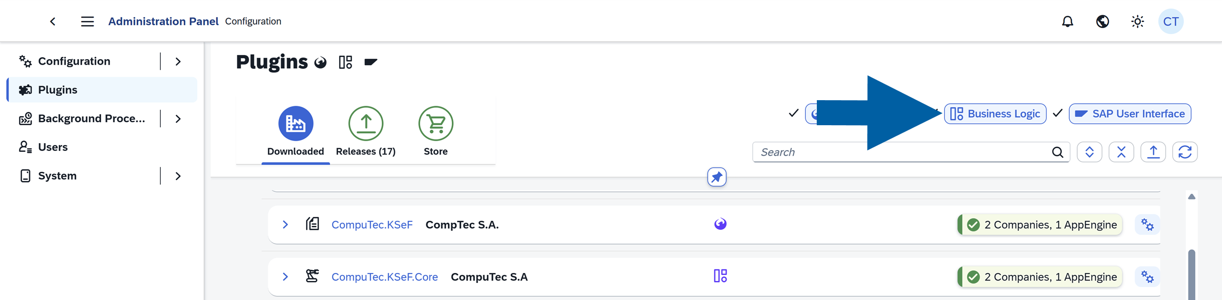 Plugins page with the Business Logic filter selected, showing the filter controls and the downloaded plugins list in the CompuTec AppEngine Administration Panel