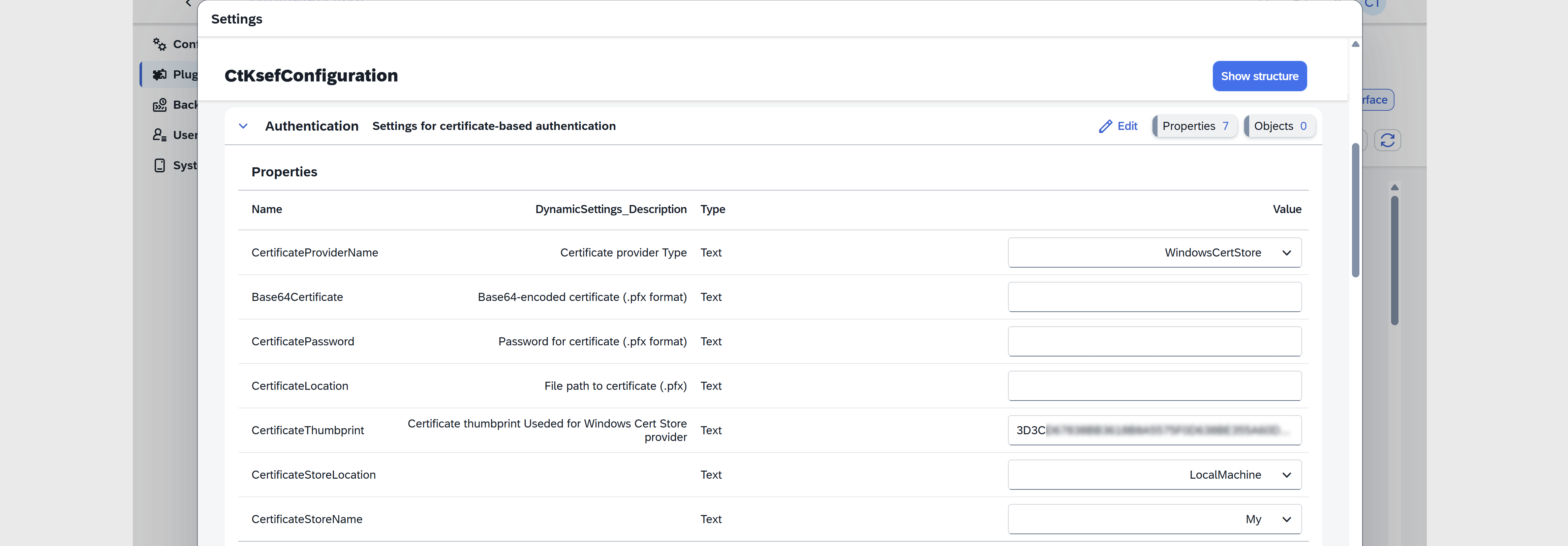 CompuTec KSeF Core configuration window with the Authentication tab open and certificate authentication settings displayed