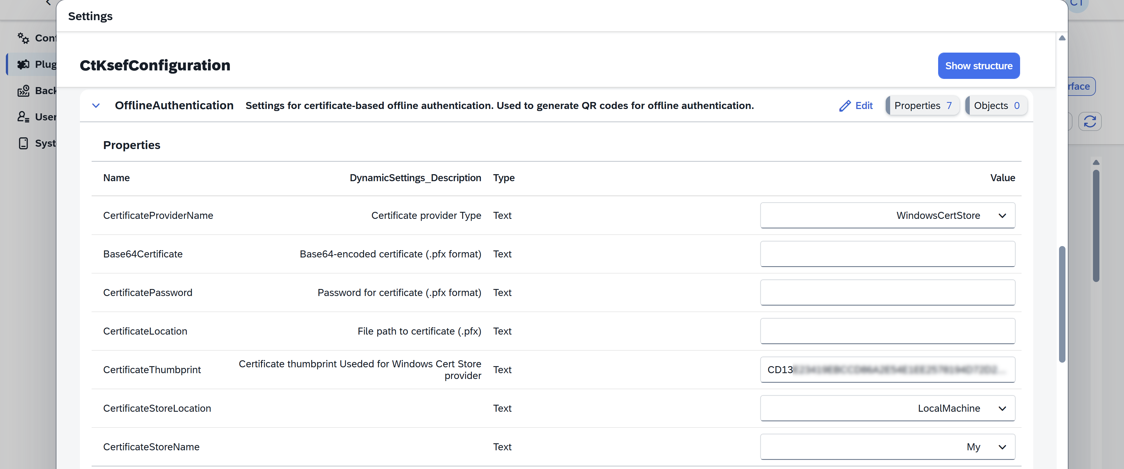 CompuTec KSeF Core configuration window with the OfflineAuthorization tab open, showing certificate provider, thumbprint, and certificate store settings
