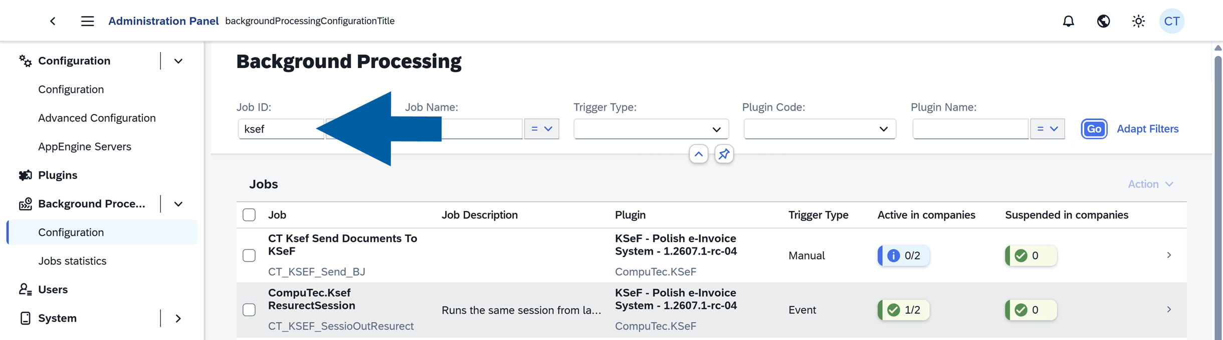 Background Processing configuration page with the Job ID filter field ready for entering ksef