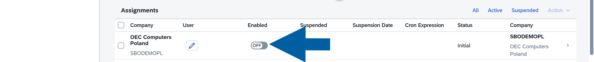 Job configuration Assignments section showing a company row and its Enabled control