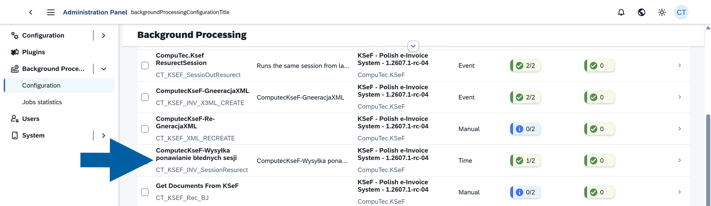 Background Processing jobs list with a job name selected to open its configuration