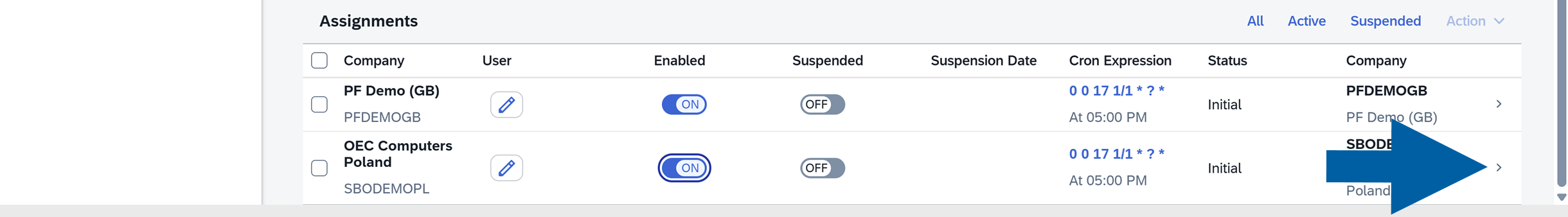 Job configuration Assignments section with the arrow next to a company row for expanding company settings