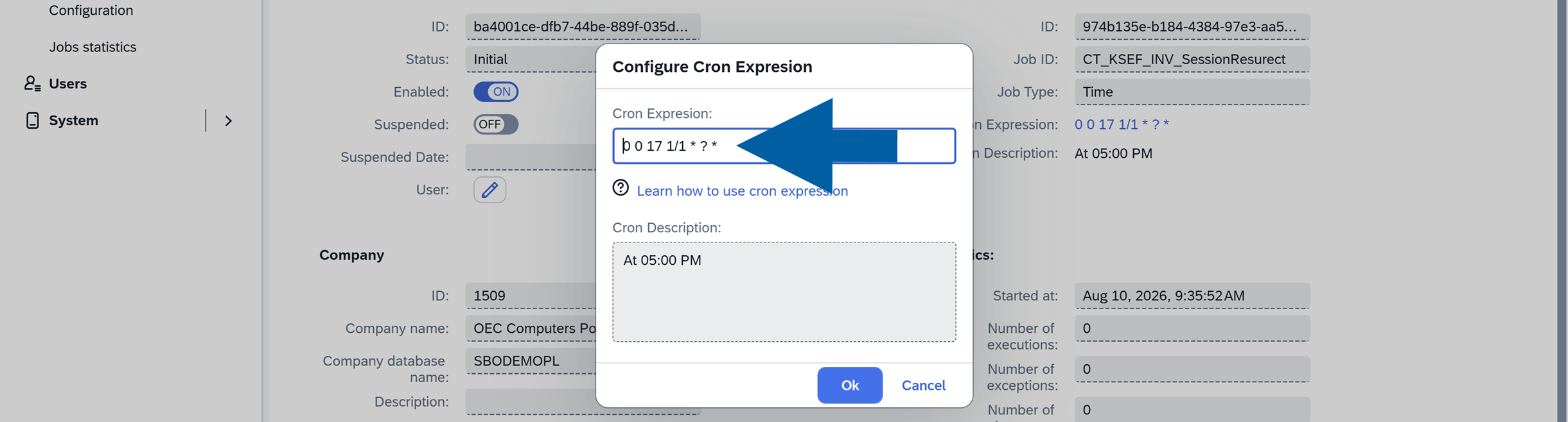 Cron Expression field in the company assignment settings for entering a Quartz cron schedule