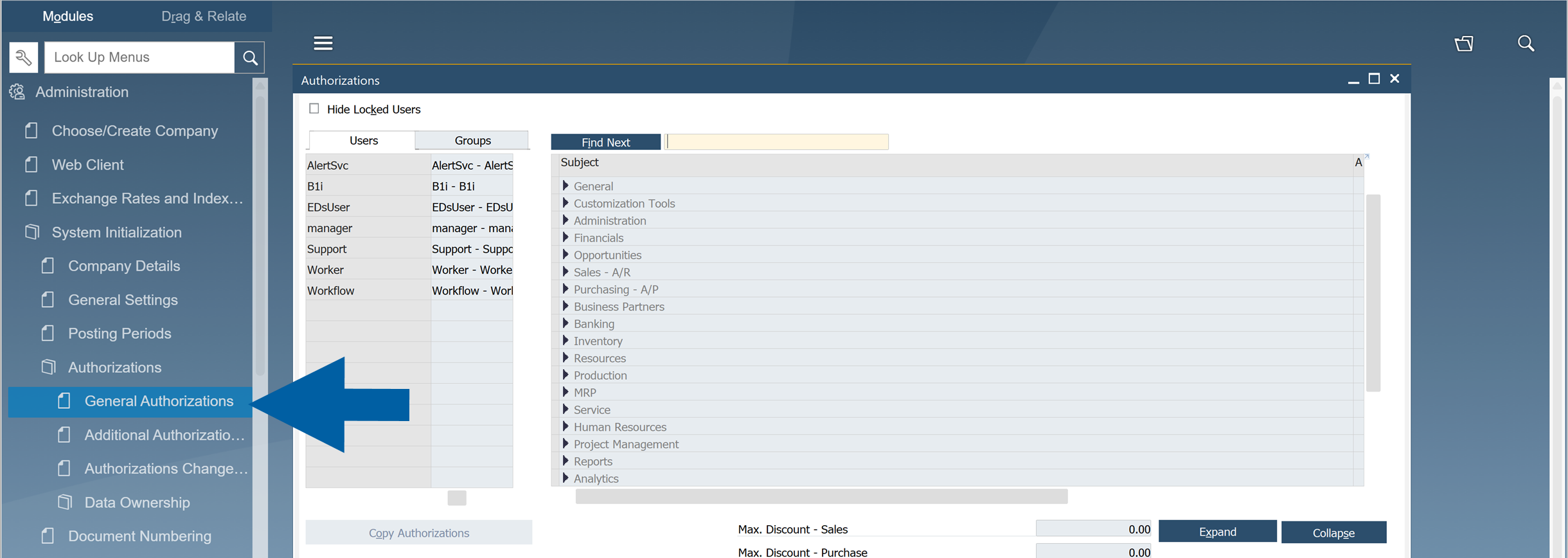 SAP Business One General Authorizations window open from Administration > System Initialization > Authorizations, with the General Authorizations menu item highlighted in the left navigation. The window shows Users and Groups tabs, a Find Next search field, and a Subject list containing General, Customization Tools, Administration, Financials, Sales - A/R, Purchasing - A/P, Analytics, and other authorization categories.
