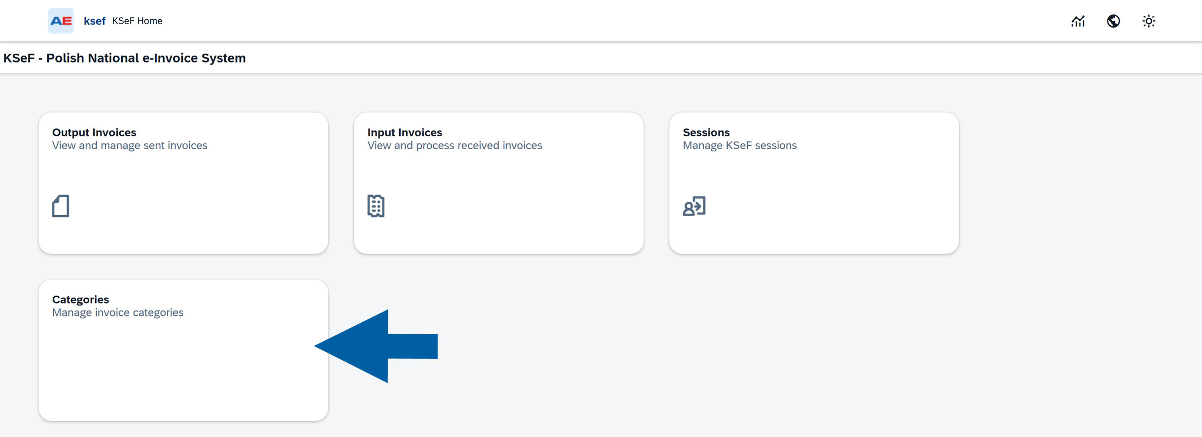 KSeF Home dashboard showing tiles for Output Invoices, Input Invoices, Sessions, and Categories; a large blue left-pointing arrow highlights the Categories tile in the lower-left area, which is labeled Manage invoice categories