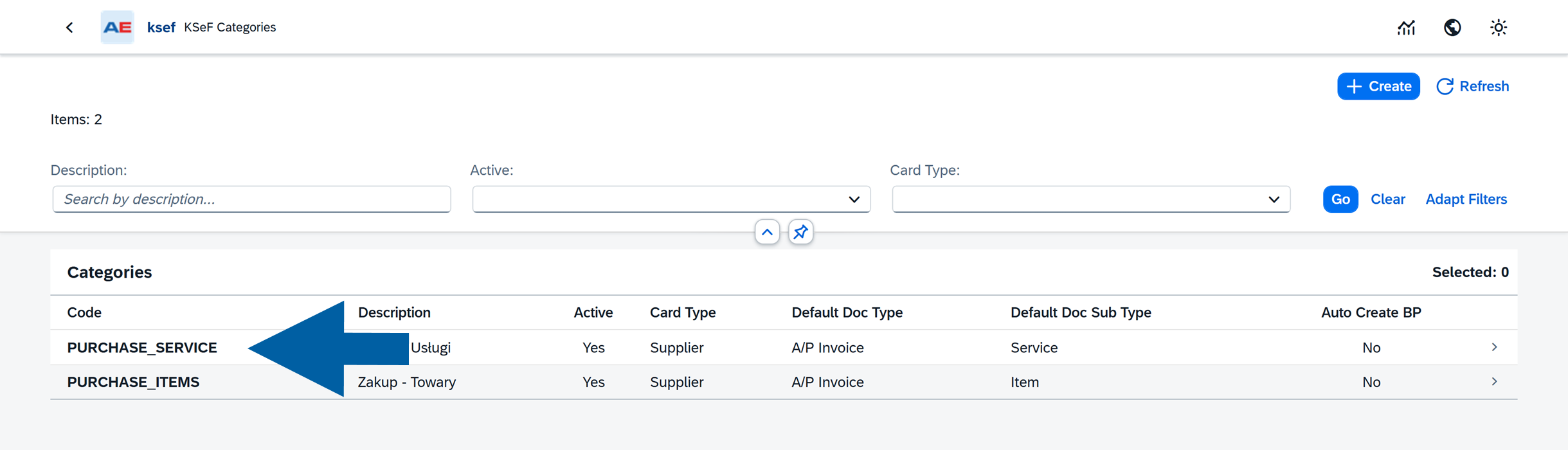 KSeF Categories screen listing two categories, PURCHASE_SERVICE and PURCHASE_ITEMS, with columns for Code, Description, Active, Card Type, Default Doc Type, Default Doc Sub Type, and Auto Create BP; a large blue arrow points to the PURCHASE_SERVICE row in the category table