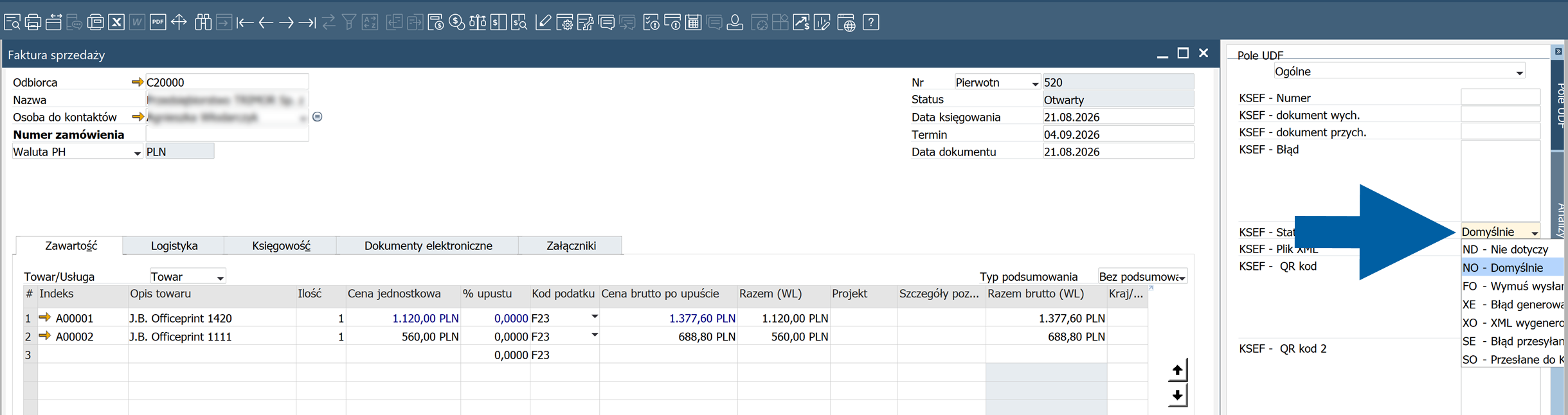 SAP Business One invoice UDF Fields panel showing the default KSeF status NO - Domyślne.