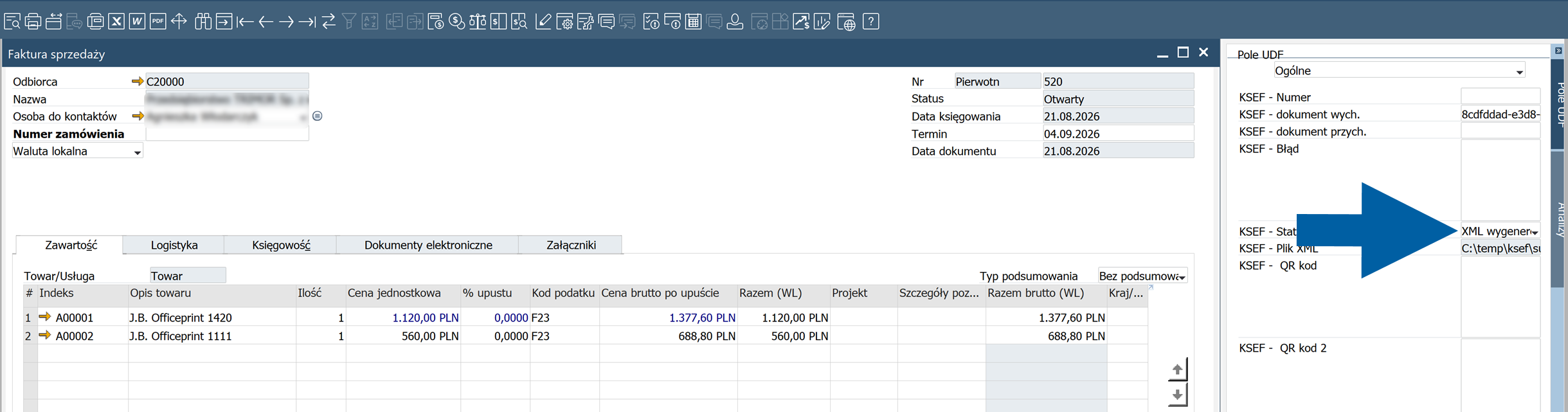 SAP Business One invoice ready to be sent to KSeF.