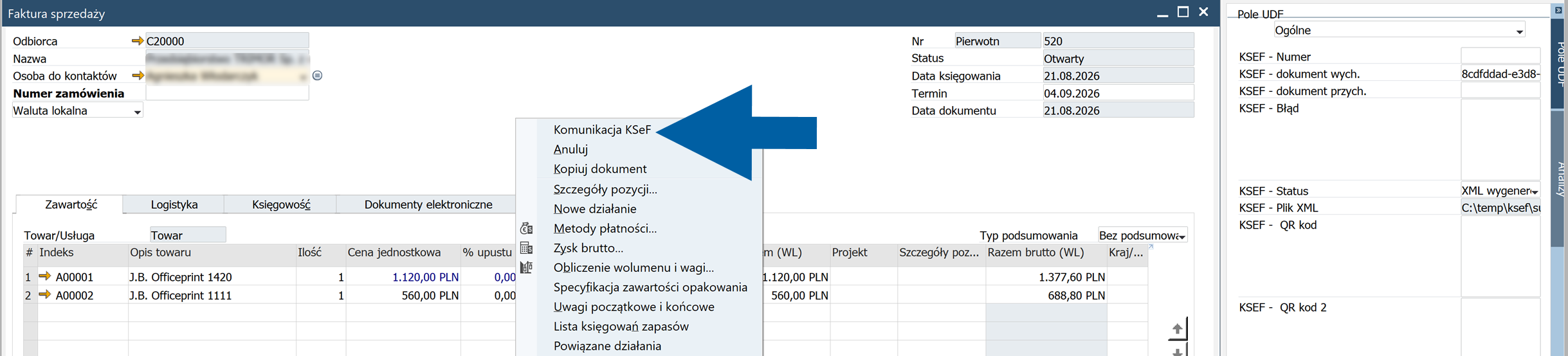 SAP Business One invoice context menu with KSeF Communication selected.